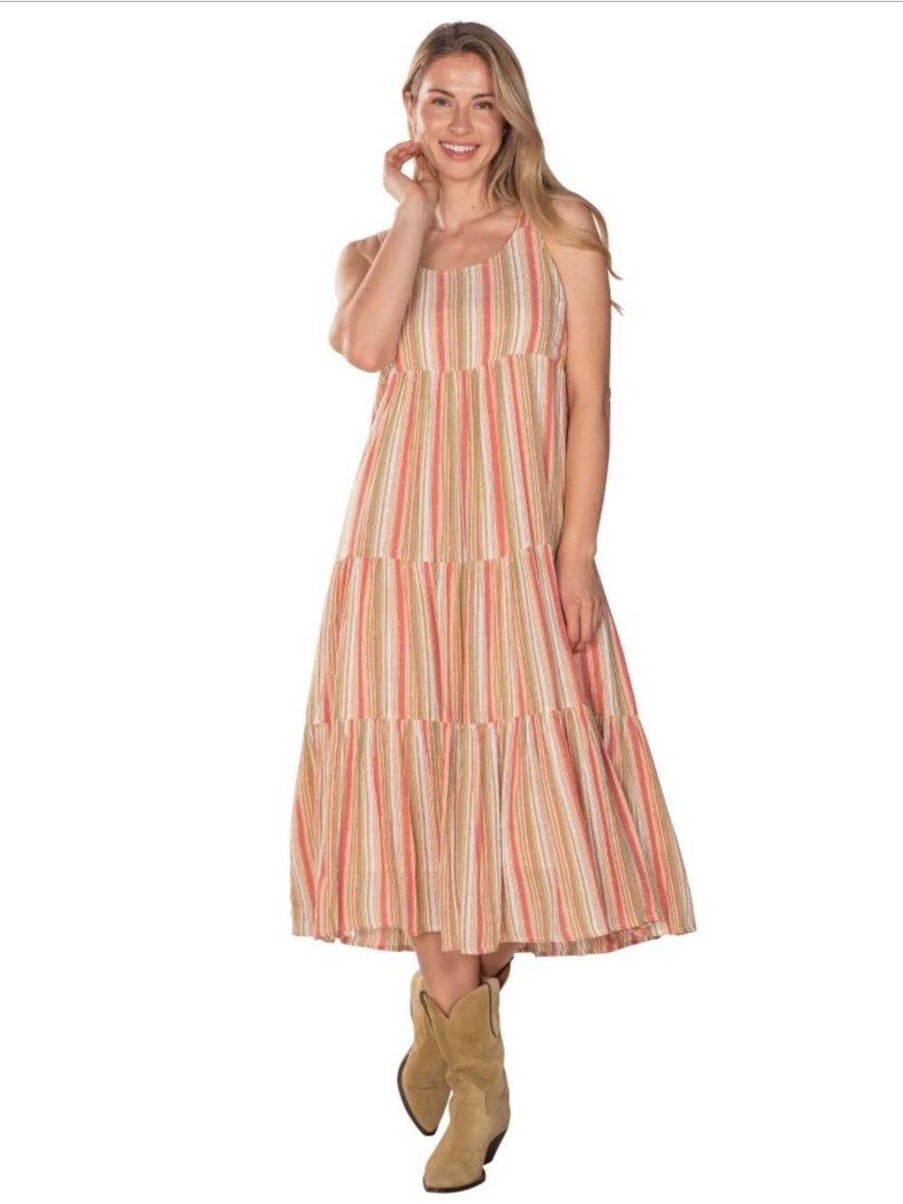 Linda Anderson Striped Metallic Knit Tiered Maxi Dress Size L